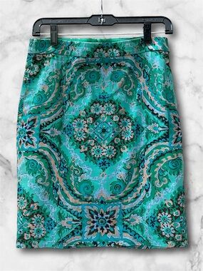 J. Crew Casbah Green Paisley Print Sateen Pencil Skirt Stretch Colorful Size 4